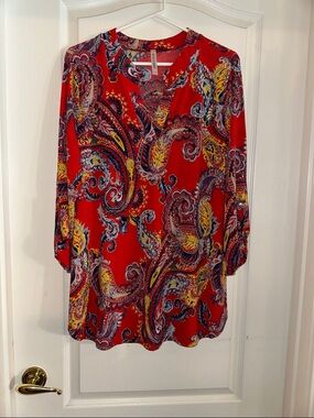 Red Paisley V-Neck Tunic Top Wrinkle Free Material (Lizzy)